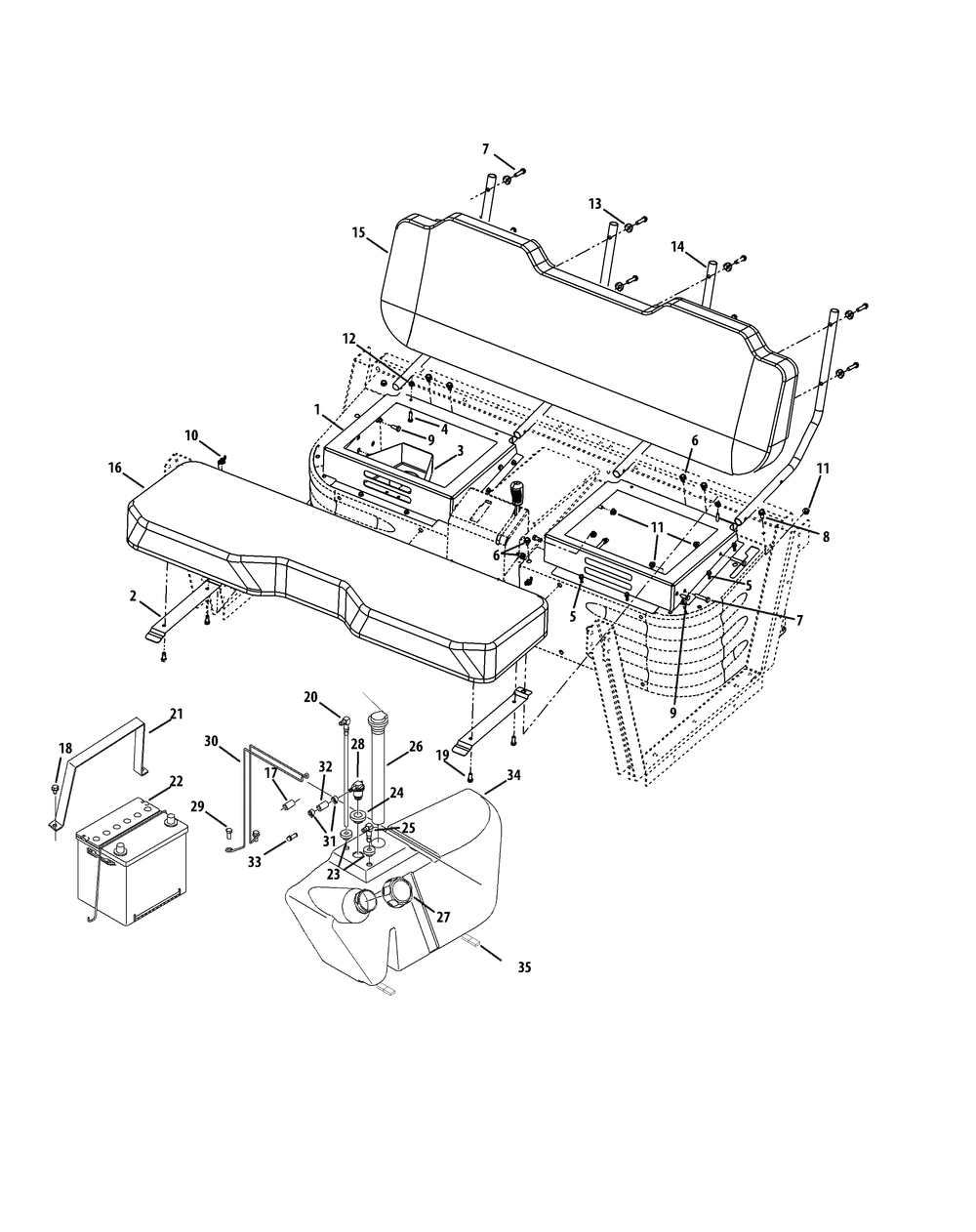 Seat Bench, Battery And Fuel Tank Diagram and Parts List for 46F 4X4-1I018G-1I019G-37ACH010 Cub Cadet Lawn Tractor Accessories